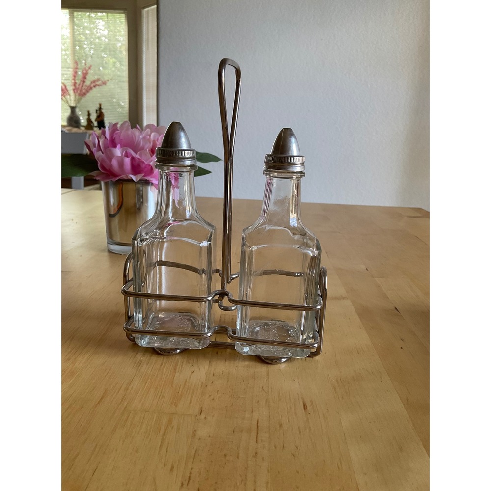 Traex Glass Oil and Vinegar Cruet Set with Chrome Wire Caddy 68020J Clear 3pc